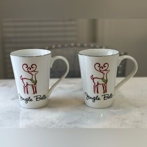 St. Nicholas Square Mugs Set of Two Ceramic Christmas Tree Reindeer Silver Rim